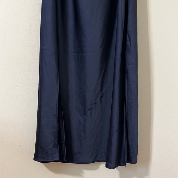 Express Navy Cowl Neck Spagetti Strap Side Slit Satin Midi Dress Size Medium - Picture 4 of 8